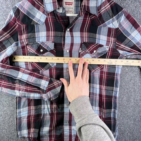 Levi’s Pearl Snap Shirt Lightweight Flannel Plaid Red Blue Small Modern Fit - Picture 4 of 11
